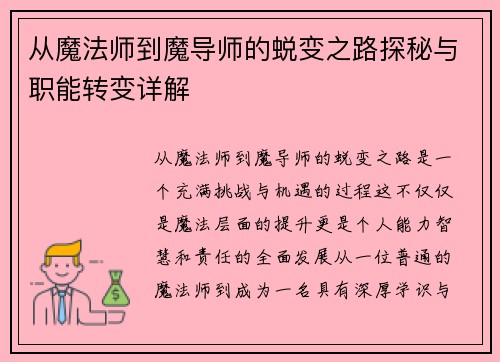 从魔法师到魔导师的蜕变之路探秘与职能转变详解